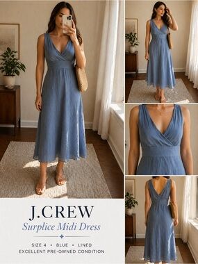 J.Crew 100% Silk Blue Surplice Midi Dress Size 4 | Sleeveless V-Neck